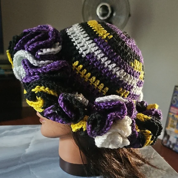 Crochet Ruffle Beanie Yellow, Purple, Black, And White